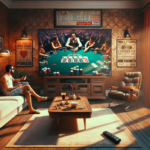 alt_text: Tukang cukur berhenti sejenak menonton turnamen poker di ESPN, gunting dan sisir di tangan.